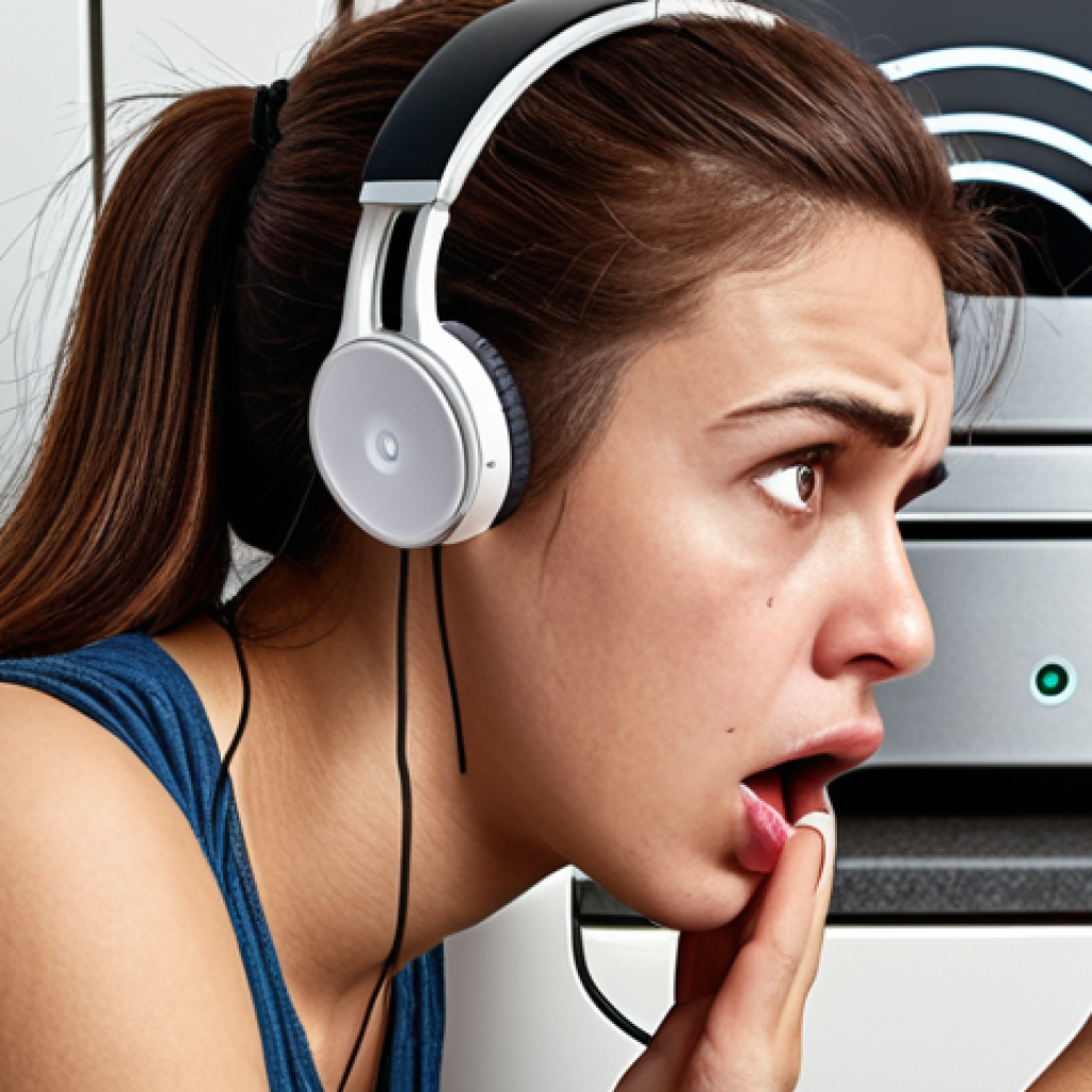 **A frustrated person struggling to connect wireless earbuds, surrounded by common household devices like a Wi-Fi router and microwave, with a low battery icon hovering over the earbuds.** (This visualizes connection troubleshooting and potential interference.)