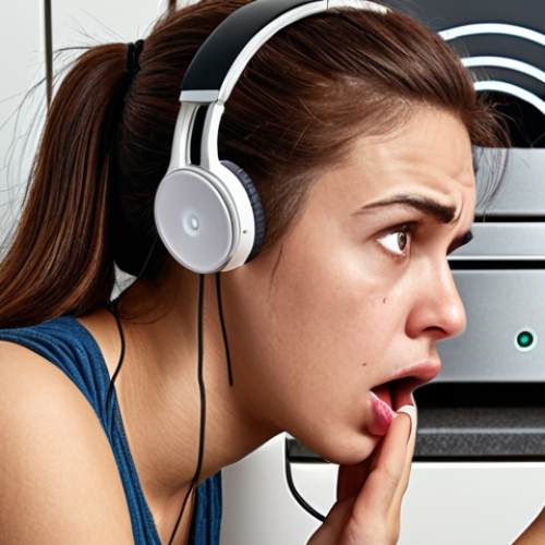 Home 15 **A frustrated person struggling to connect wireless earbuds, surrounded by common household devices like a Wi-Fi router and microwave, with a low battery icon hovering over the earbuds.** (This visualizes connection troubleshooting and potential interference.)