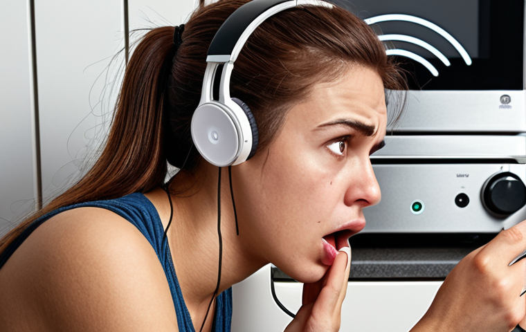 **A frustrated person struggling to connect wireless earbuds, surrounded by common household devices like a Wi-Fi router and microwave, with a low battery icon hovering over the earbuds.** (This visualizes connection troubleshooting and potential interference.)