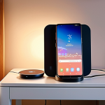 **

A stylish, modern Russian apartment interior. On a bedside table, a Samsung Galaxy smartphone rests on a Samsung Wireless Charger Stand. The phone displays a charging animation. Soft, warm lighting creates a cozy atmosphere. Focus on the convenience and integration of wireless charging in a home setting.

**