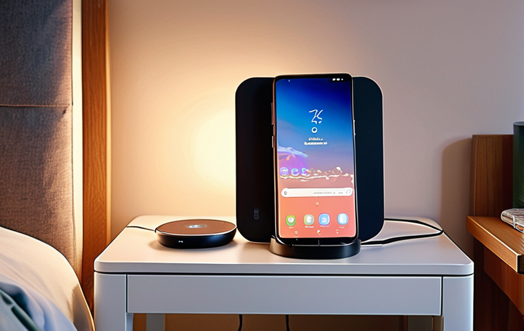 **
A stylish, modern Russian apartment interior. On a bedside table, a Samsung Galaxy smartphone rests on a Samsung Wireless Charger Stand. The phone displays a charging animation. Soft, warm lighting creates a cozy atmosphere. Focus on the convenience and integration of wireless charging in a home setting.
**