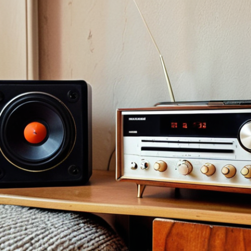 Home 7 **Retro Audio Revival:** An old Soviet-era stereo system in a cozy apartment, connected to a modern smartphone via a Bluetooth receiver. Focus on the contrast between old and new technology, highlighting the receiver's compact size.