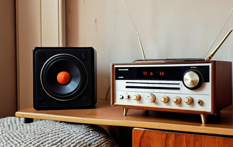 **Retro Audio Revival:** An old Soviet-era stereo system in a cozy apartment, connected to a modern smartphone via a Bluetooth receiver. Focus on the contrast between old and new technology, highlighting the receiver's compact size.