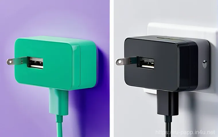 스마트폰 충전 어댑터 선택 - **Prompt:** "A minimalist and modern desk setup featuring a compact, multi-port GaN charger (e.g., r...